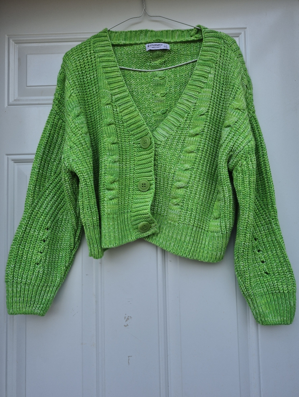 Bright Green Cropped Colorful Knit Button Front Relaxed Fit Cardigan Sweater - Picture 8 of 8